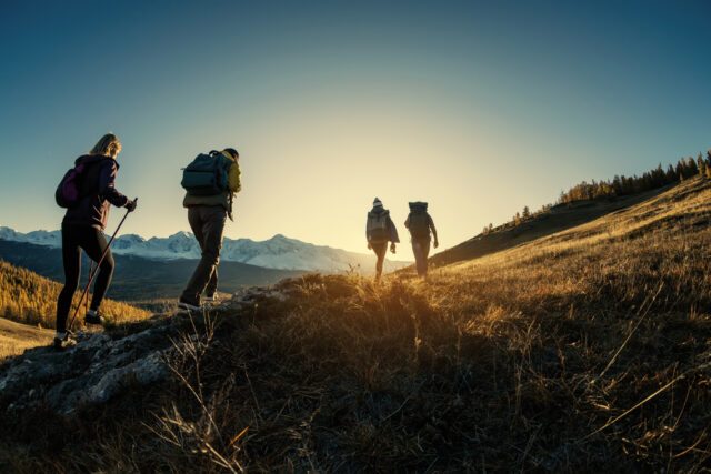 Group of hikers walks in mountains at sunset